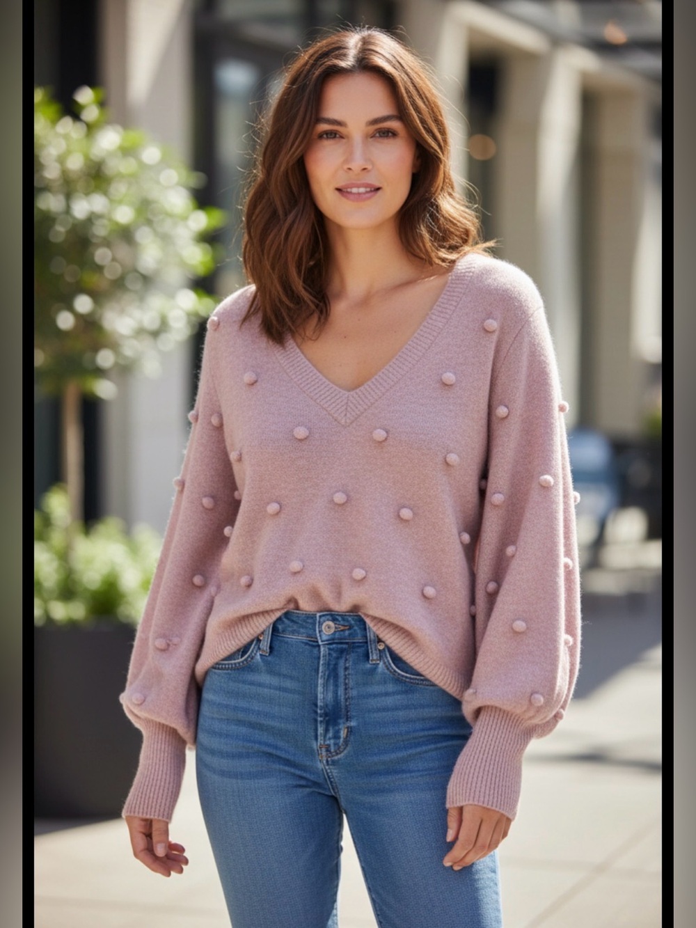 Madewell Womens Small Light Purple Wool Blend Bobble Pom Pom V-neck‎ Sweater